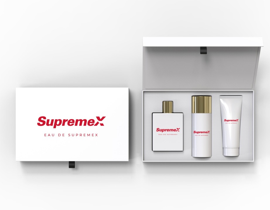 Une boîte de kit cosmétique en blanc avec des tubes avec le branding SupremeX