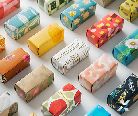 Des rangs de boîtes de différents motifs et couleurs.