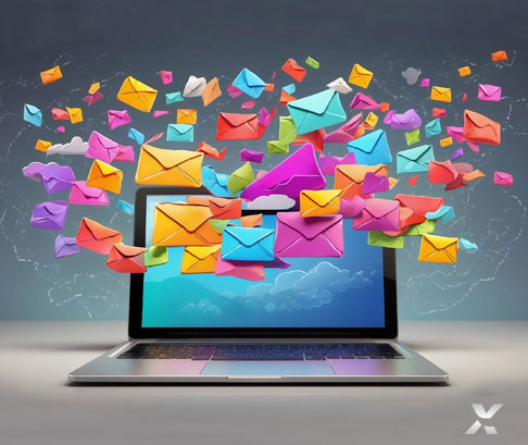 Une image illustrant un laptop avec plusieur enveloppes de différentes couleurs vives éparpillées dans l'air.