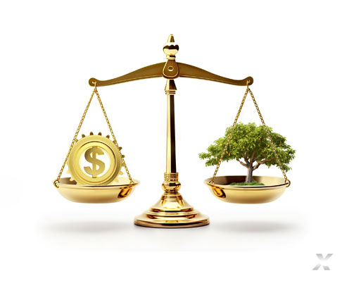 Une balance en or, qui contient un arbre d'un côté et une devise de l'autre côté.