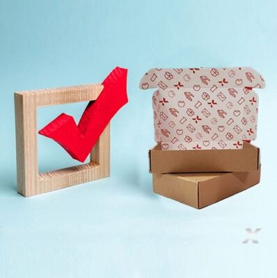 Une image illustrant nos boîtes eCommerce en kraft à l'exterieur avec nos icones en rouge sur fond blanc à l'interieur.