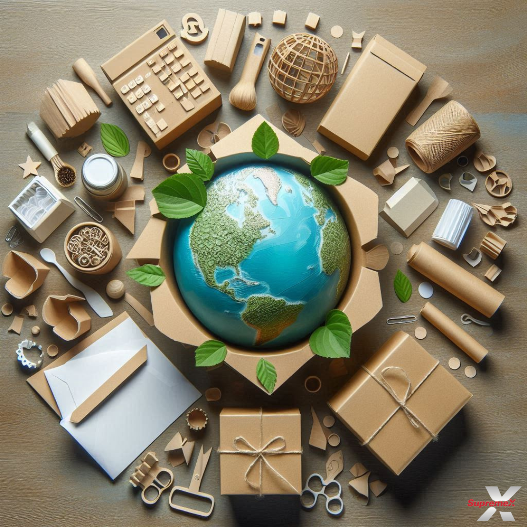 Une image conceptuelle présentant un globe avec des continents verts et des océans bleus au centre, entouré d'un assortiment d'objets dans diverses teintes de brun. Ces objets incluent une calculatrice, des matériaux d'emballage, des boîtes en carton, des sacs en papier, des ustensiles en bois, un carnet, ainsi que d'autres articles fabriqués à partir de matériaux durables. L'agencement suggère un accent sur l'écologie et le recyclage. Des feuilles vertes sont dispersées parmi les objets, soulignant le thème environnemental. L'ensemble de la composition est posé sur un fond aux tons neutres.