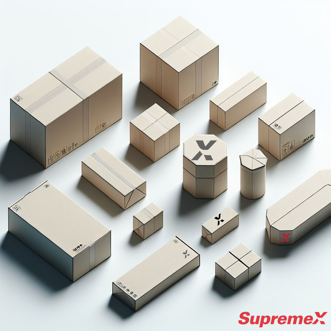 Image présentant une variété de boîtes en carton ondulé de différentes formes et tailles, notamment des boîtes rectangulaires, carrées, cylindriques et octogonales. Certaines boîtes comportent des marquages et symboles distinctifs. Le logo 'Supremex' est affiché en rouge dans le coin inférieur droit, mettant en avant l'expertise de l'entreprise en solutions d'emballage