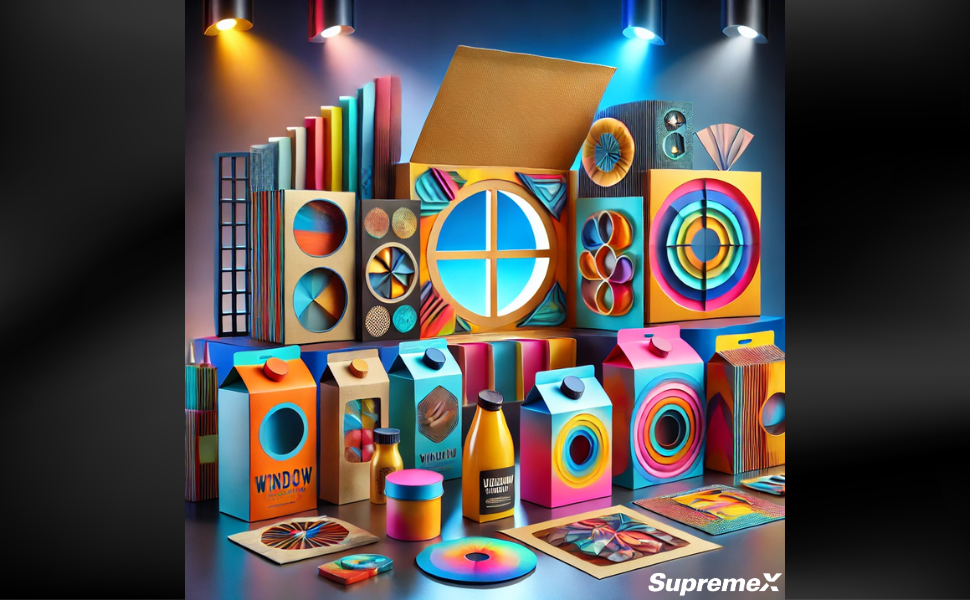 Une collection vibrante et créative d'emballages aux designs uniques, mettant en avant des fenêtres personnalisées aux formes et couleurs variées. Ces boîtes, cartons et contenants aux découpes circulaires et géométriques innovantes permettent de sublimer et révéler les produits à l’intérieur. L’éclairage dynamique met en valeur les textures et les détails, créant une ambiance moderne et artistique. Le logo SupremeX apparaît en bas à droite, soulignant l'expertise en solutions d’emballage personnalisées.