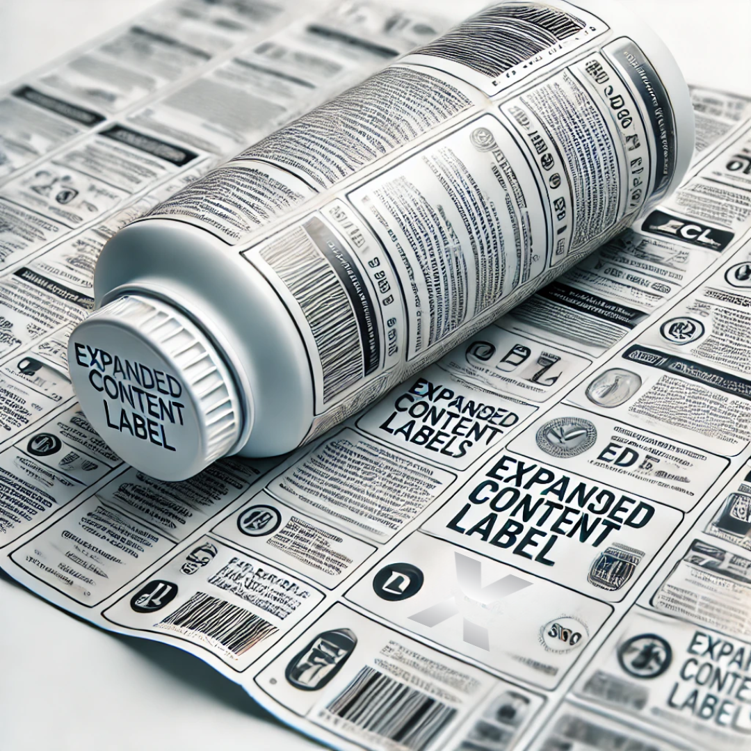 Une image en gros plan d'une bouteille cylindrique blanche avec une étiquette à contenu étendu enroulée autour, contenant de nombreuses informations sur le produit, des codes-barres et des symboles. Le bouchon de la bouteille affiche également le texte "EXPANDED CONTENT LABEL". Sous la bouteille, plusieurs étiquettes à contenu étendu sont disposées à plat, présentant un texte détaillé et de petits graphiques. Ces étiquettes sont conçues pour fournir des informations supplémentaires sur la réglementation, la sécurité et l'utilisation.