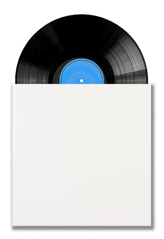 Un disque vinyle avec une étiquette bleue partiellement inséré dans une pochette blanche unie.