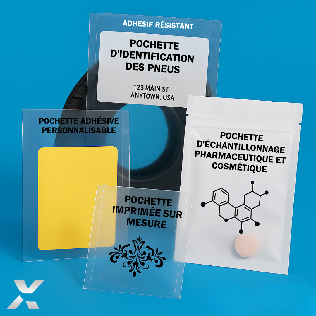 Image présentant quatre types de pochettes personnalisées SupremeX sur fond bleu : une pochette d’identification des pneus avec adhésif résistant, une pochette d’échantillonnage pharmaceutique et cosmétique avec un pictogramme moléculaire, une pochette adhésive personnalisable avec insert jaune, et une pochette imprimée sur mesure ornée d’un motif décoratif noir. Le logo SupremeX apparaît en bas à gauche.