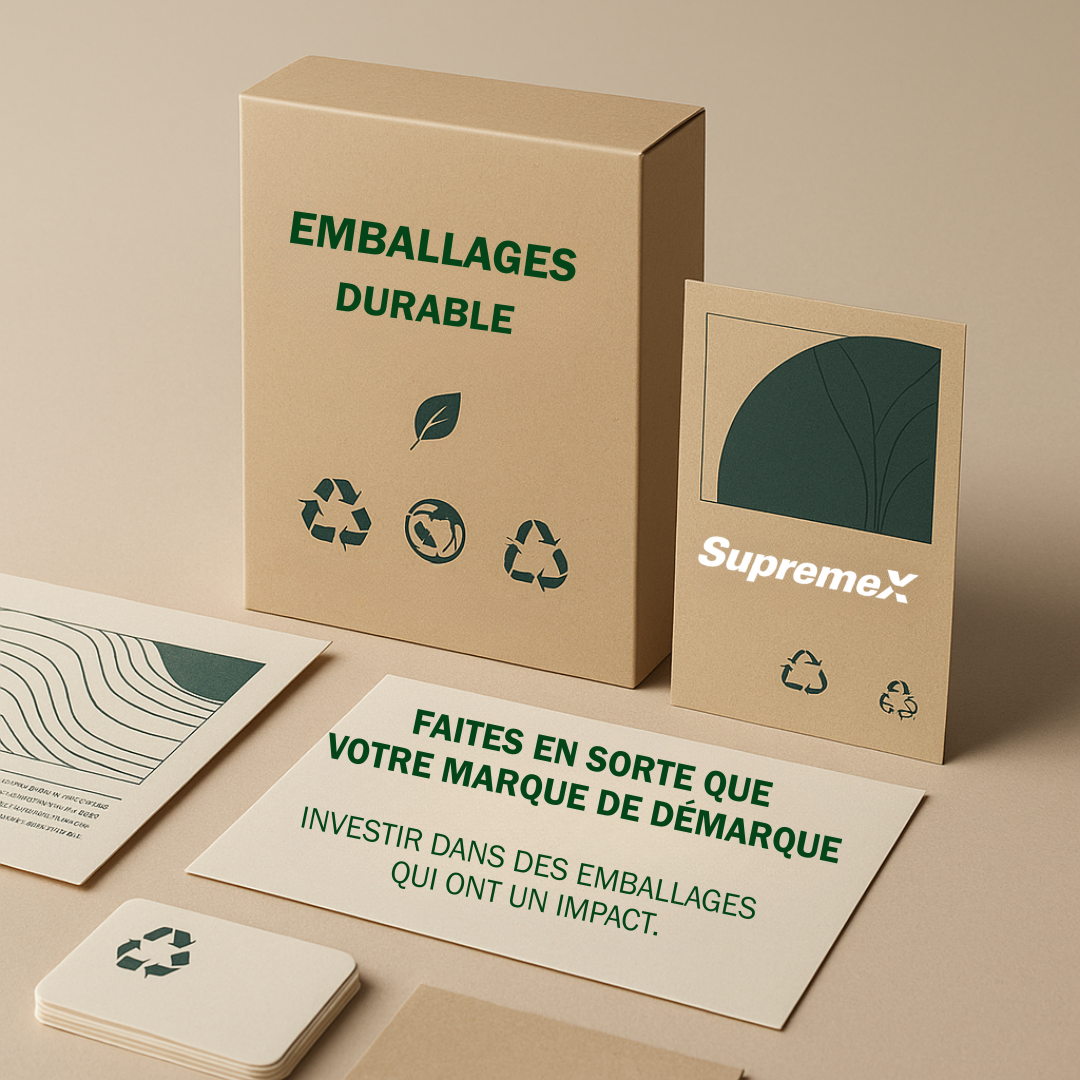 Vue à plat de matériaux d’emballage écologiques, incluant une boîte en papier kraft avec l’inscription 'Emballages Durables' et des icônes de recyclage, une carte de produit avec le logo SupremeX, et un feuillet promotionnel portant le message 'Faites en sorte que votre marque se démarque – Investir dans des emballages qui ont un impact', le tout dans des tons naturels évoquant la durabilité et la responsabilité environnementale.