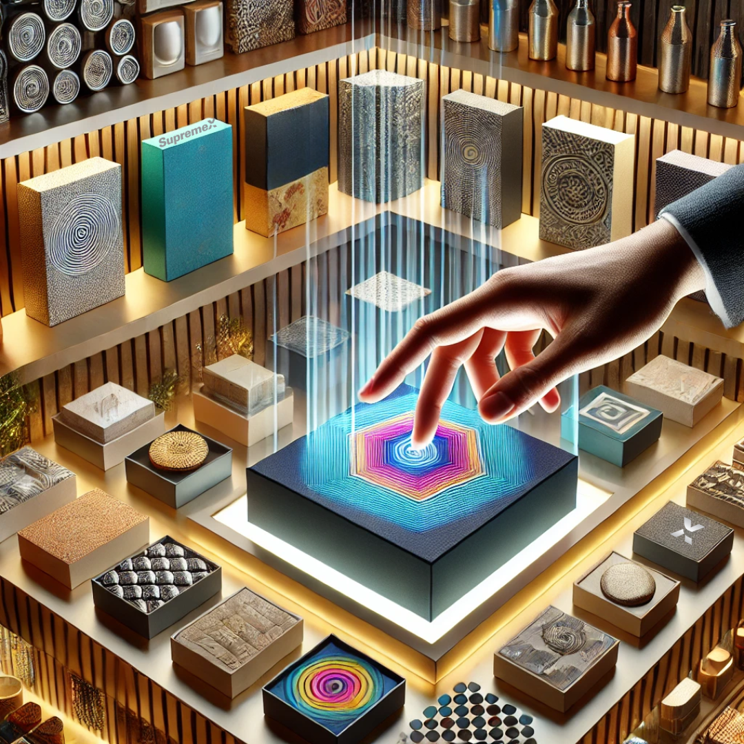 Une main touche un emballage vibrant et texturé émettant une lumière lumineuse, entouré d’un présentoir de boîtes au design unique avec des finitions gaufrées, métalliques et tactiles — mettant en valeur l’attrait sensoriel et l’innovation dans la conception d’emballages haut de gamme.