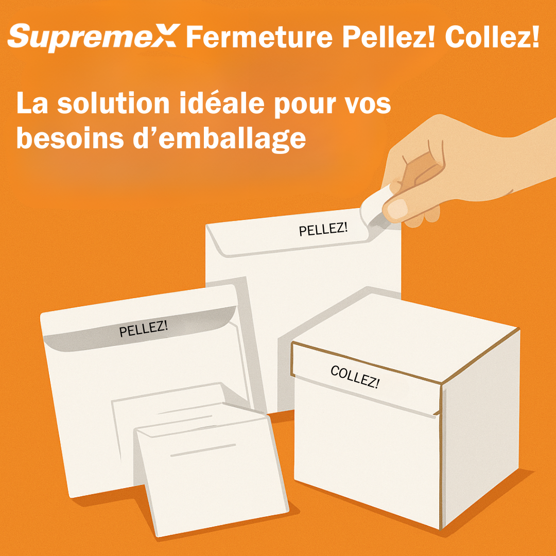 Illustration de la fermeture SupremeX "Pellez! Collez!" montrant une main en train de décoller une pellicule adhésive sur une enveloppe. Trois types d’emballages (enveloppe, pochette, boîte) sont présentés avec la mention "Pellez!" ou "Collez!", sur un fond orange vif. Texte : "Fermeture Pellez! Collez! – La solution idéale pour vos besoins d’emballage".