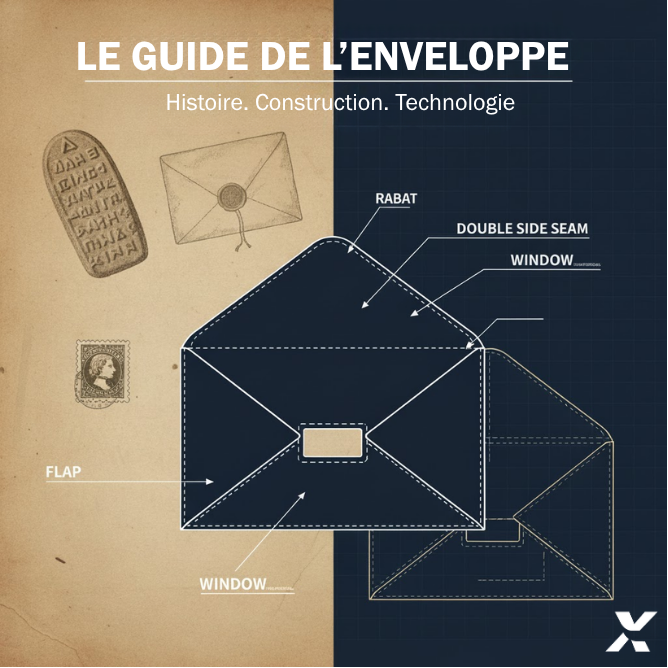 Illustration graphique intitulée « Le guide de l’enveloppe » présentant la structure d’une enveloppe avec ses différentes parties étiquetées (rabat, double side seam, fenêtre). L’image juxtapose un fond historique à gauche et un plan technique moderne à droite, symbolisant l’évolution de la fabrication et de la technologie des enveloppes.