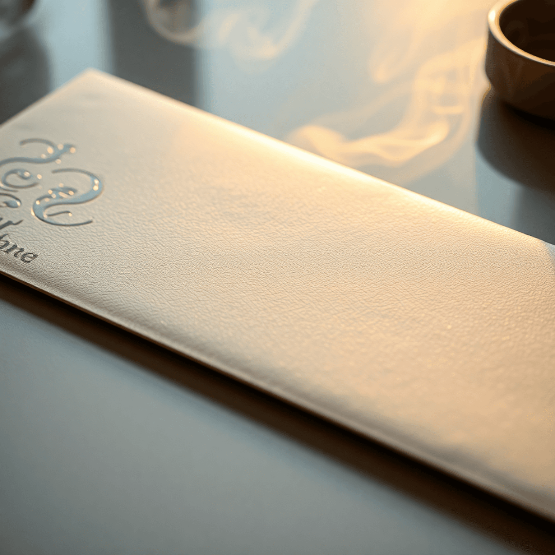 Gros plan d'un élégant publipostage texturé avec une feuille en relief et un revêtement doux au toucher, un éclairage chaleureux et une fumée parfumée subtile sur une surface propre.