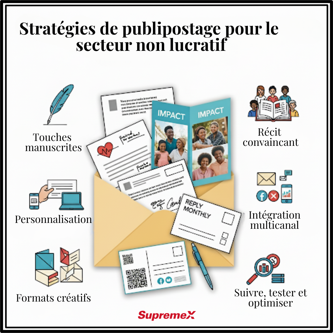 Infographie intitulée « Stratégies de publipostage pour le secteur non lucratif ». Une grande enveloppe ouverte contient divers documents imprimés, dont des brochures intitulées « IMPACT » et une carte « Reply Monthly ». Autour de l’enveloppe, six icônes illustrent les principales stratégies : touches manuscrites (plume), personnalisation (main et ordinateur portable), formats créatifs (pliages colorés), récit convaincant (personnes lisant un livre), intégration multicanal (enveloppe et icônes de médias sociaux), et suivre, tester et optimiser (loupe avec graphiques). Logo SupremeX en bas de l’image.
