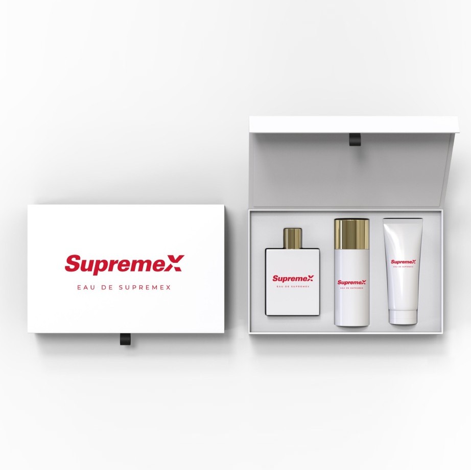 Coffret cadeau de luxe SupremeX au design minimaliste blanc, présentant un flacon de parfum Eau de SupremeX, un vaporisateur et un tube, disposés dans une boîte de présentation haut de gamme.