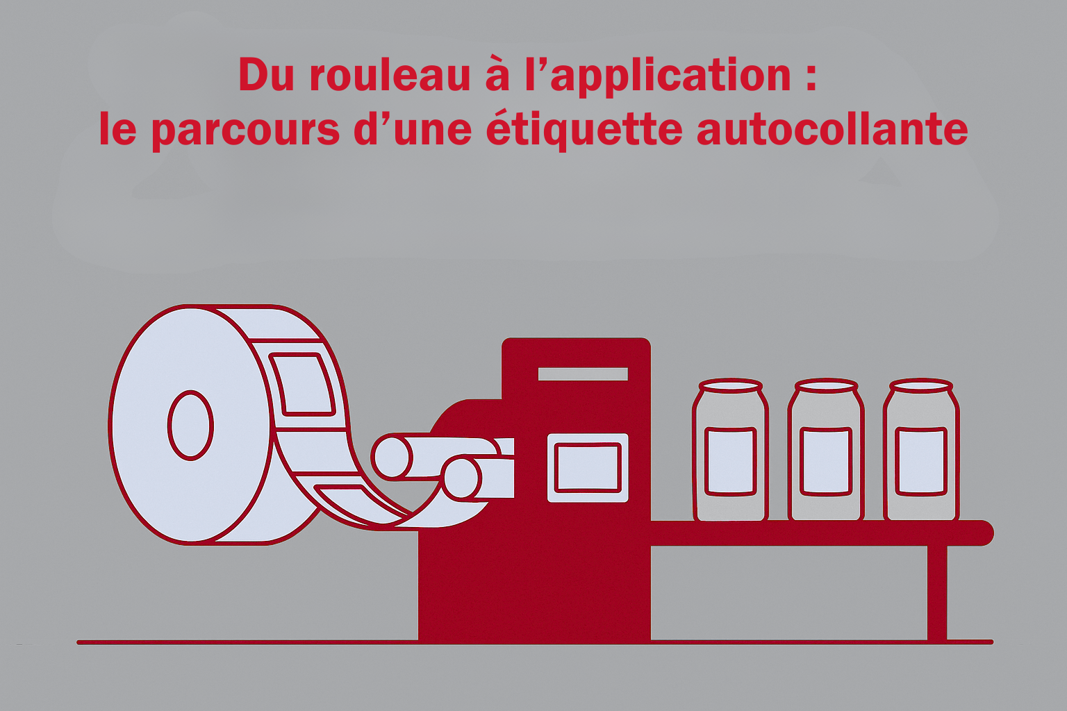 Illustration montrant une étiquette autocollante passant d’un rouleau à une machine d’étiquetage, puis appliquée sur des contenants sur une ligne de production.