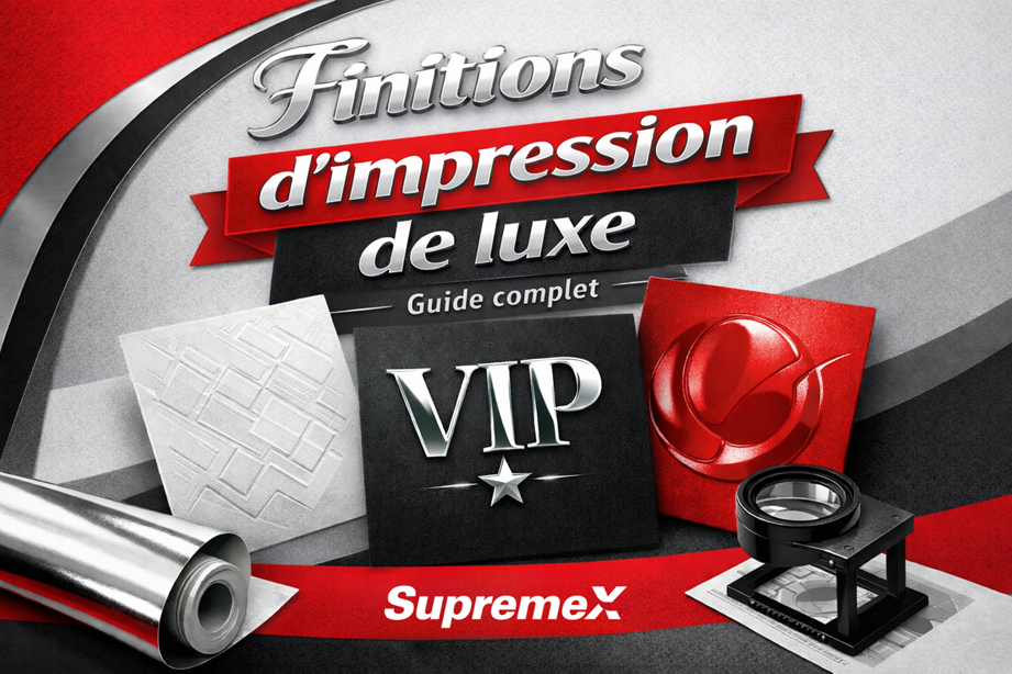 Image promotionnelle SupremeX présentant le guide « Finitions d’impression de luxe », avec effets d’embossage, dorure, vernis sélectif et échantillons d’impression haut de gamme.