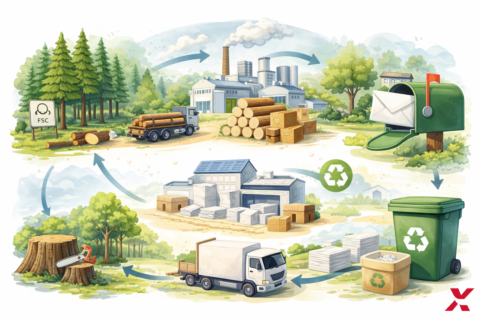 Suivez le parcours d’une enveloppe durable depuis les forêts certifiées FSC® jusqu’à votre boîte aux lettres. Découvrez comment des choix écologiques en matière de conception, de production et de recyclage protègent notre planète