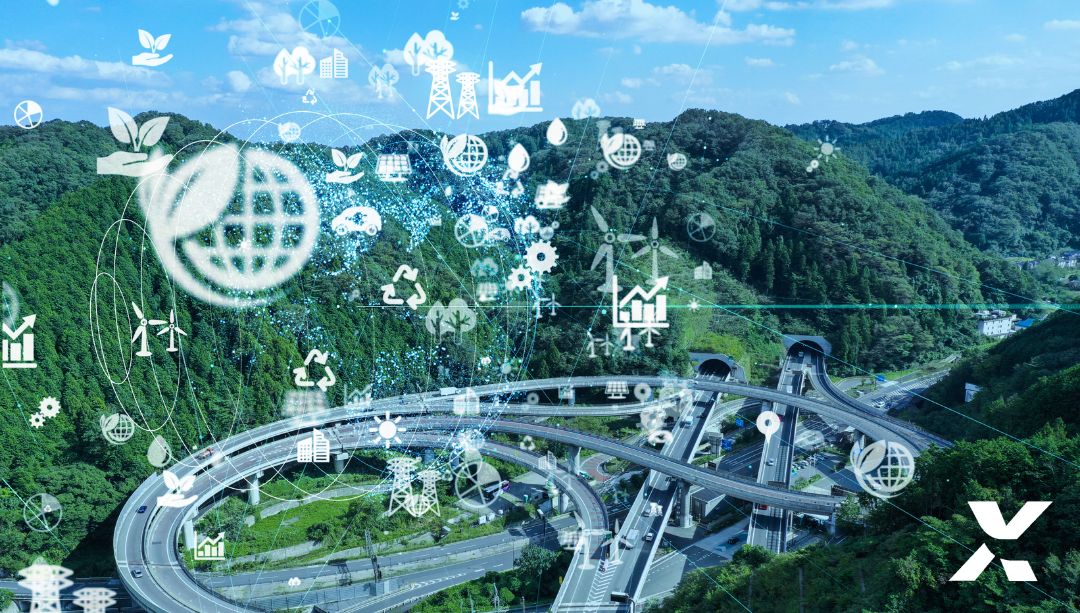 Image panoramique d'espace vert avec des icônes qui représentent l'univers digital